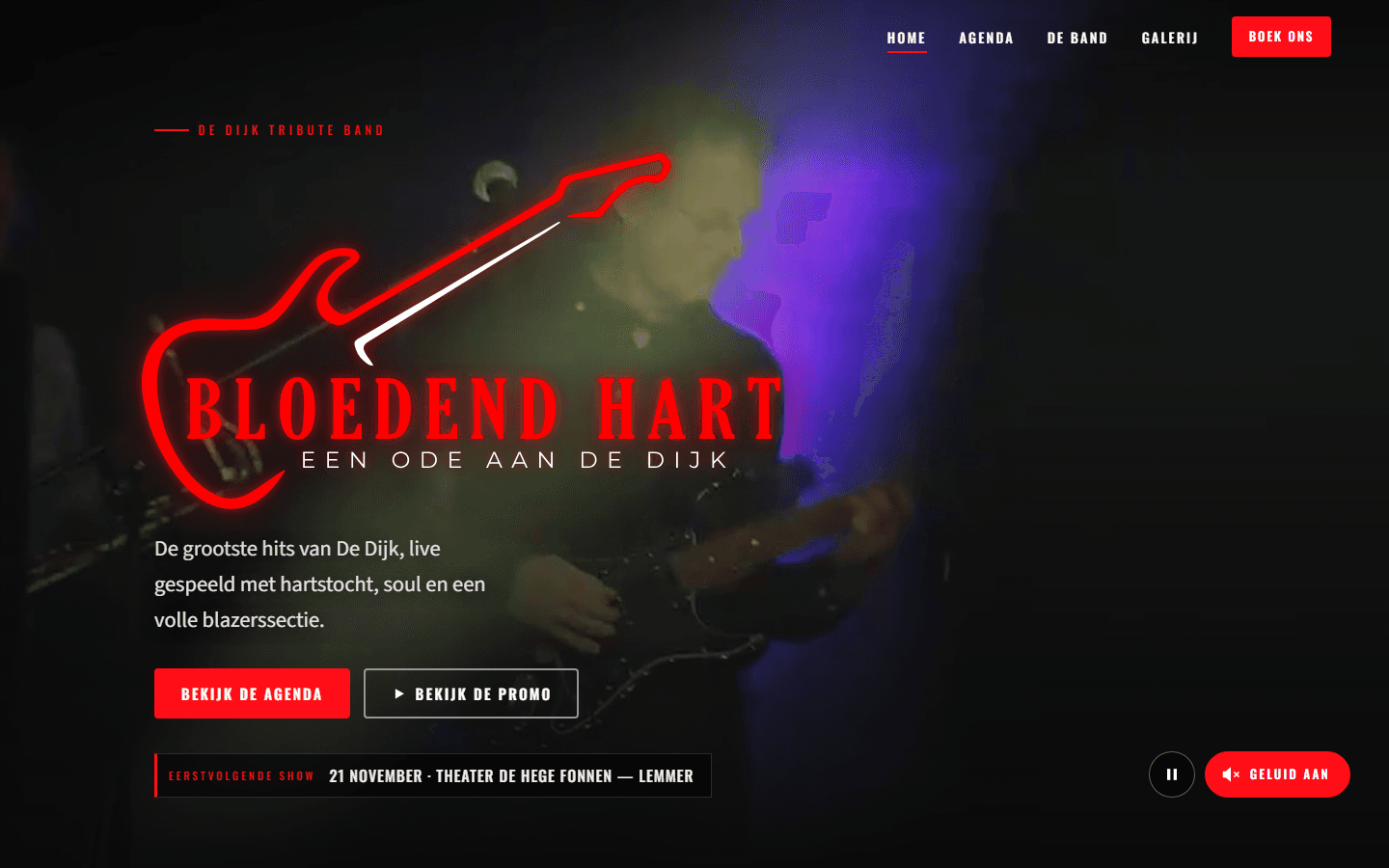 Homepage van de bandwebsite van Bloedend Hart, De Dijk tributeband, met de eerstvolgende show uit de Bandspot-agenda